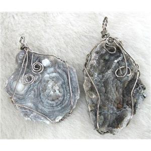 natural agate pendant with druzy, freeform slice, wire wrapped, approx 40-70mm [GMPD966]