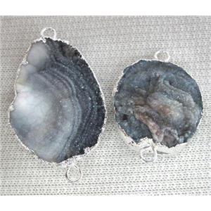 natural agate druzy connector, freeform slice, silver plated, approx 15-35mm [GMPD974]