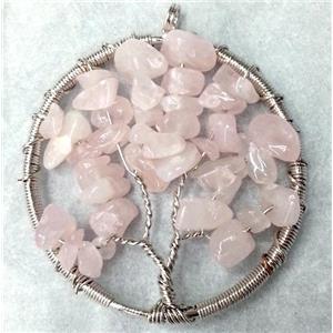 Pink Rose Quartz Chips Pendant Tree Of Life Wire Wrapped Platinum Plated, approx 50mm dia [GMPDA1070]