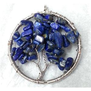 Blue Lapis Lazuli Chips Pendant Tree Of Life Wire Wrapped Platinum Plated, approx 50mm dia [GMPDA1071]