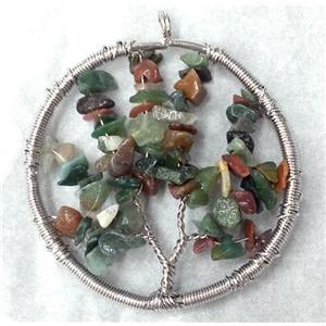 Indian Agate Chips Pendant Tree Of Life Wire Wrapped Platinum Plated, approx 50mm dia [GMPDA1072]