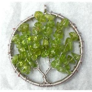 Green Peridot Chips Pendant Tree Of Life Wire Wrapped Platinum Plated, approx 50mm dia [GMPDA1073]