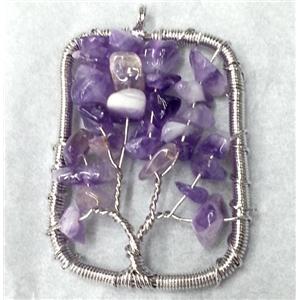 Purple Amethyst Chips Rectangle Pendant Tree Of Life Wire Wrapped Platinum Plated, approx 36x52mm [GMPDA1075]