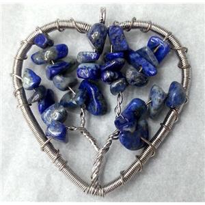 Blue Lapis Lazuli Chips Heart Pendant Tree Of Life Wire Wrapped Platinum Plated, approx 48x50mm [GMPDA1076]