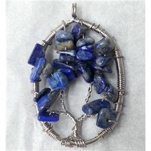 Blue Lapis Lazuli Chips Pendant Tree Of Life Wire Wrapped Platinum Plated, approx 35x52mm [GMPDA1077]