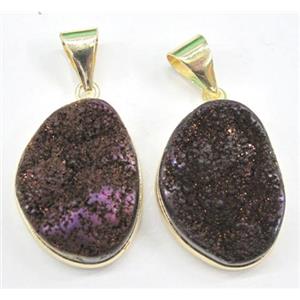 druzy quartz pendant, freeform, purple electroplated, approx 18x25-25x30mm [GMPDA1391]