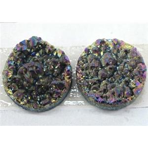 quartz druzy cabochon, flat-round, rainbow plated, approx 12mm dia [GMPDA1412-12MM]