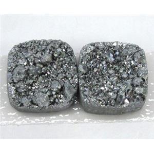 quartz druzy cabochon, square, silver plated, approx 12x12mm [GMPDA1424-12MM]