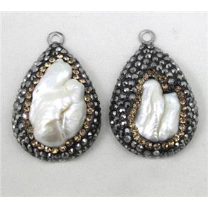 pearl pendant paved rhinestone, stainless steel based, approx 25-35mm [GMPDA1486]
