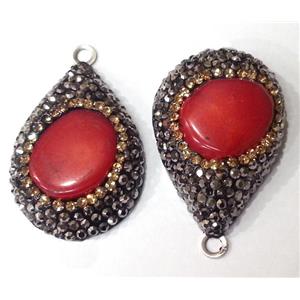 natural coral pendant paved rhinestone, stainless steel based, approx 25-35mm [GMPDA1487]