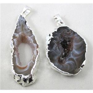druzy agate geode slice pendant, freeform, silver plated, approx 15-40mm [GMPDA1544]