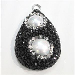 pearl pendant paved rhinestone with stainless steel pad, teardrop,, approx 25-35mm [GMPDA1567]