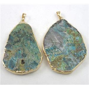Chrysocolla pendant, freeform slice, flat, gold plated, approx 35-55mm [GMPDA1628]