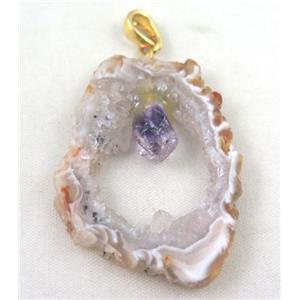 druzy agate slice pendant, freeform, paved gems, gold plated, approx 20-40mm [GMPDA1693]