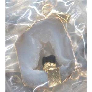 druzy agate slice pendant, freeform, paved tourmaline, gold plated, approx 20-40mm [GMPDA1695]