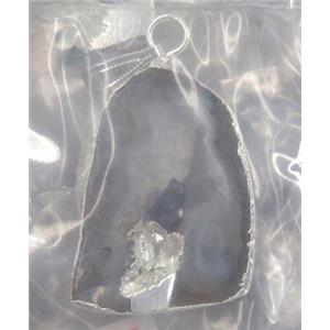 druzy agate slice pendant, freeform, paved gems, silver plated, approx 20-40mm [GMPDA1696]
