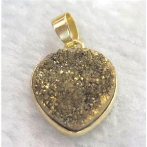 golden druzy quartz pendant, heart, approx 14mm [GMPDA1776]