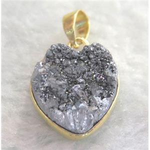 silver druzy quartz pendant, heart, approx 14mm [GMPDA1777]