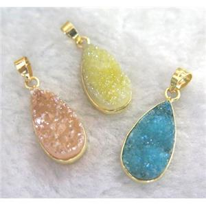 druzy quartz pendant, teardrop, mixed color, approx 10x20mm [GMPDA1779]