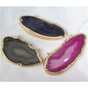agate pendant with 2-holes, freeform slice, mixed color, gold plated, approx 20-60mm [GMPDA1906]