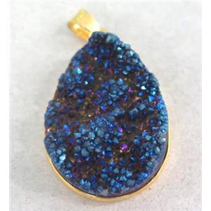 druzy quartz pendant, teardrop, blue electroplated, approx 22x30mm [GMPDA1973]