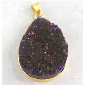 druzy quartz pendant, teardrop, purple electroplated, approx 22x30mm [GMPDA1974]