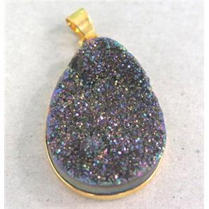 quartz druzy pendant, teardrop, rainbow electroplated, approx 22x30mm [GMPDA1977]