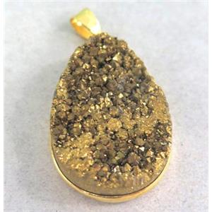 druzy quartz pendant, teardrop, gold electroplated, approx 22x30mm [GMPDA1978]