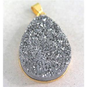 druzy quartz pendant, teardrop, silver electroplated, approx 22x30mm [GMPDA1979]