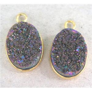 druzy quartz pendant, oval, rainbow electroplated, approx 12x16mm [GMPDA1989]