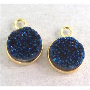 druzy quartz pendant, flat-round, blue electroplated, approx 10mm dia [GMPDA1990]