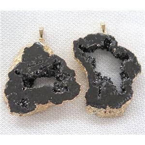 druzy agate pendant, freeform slice, black electroplated, approx 30-60mm [GMPDA2079]