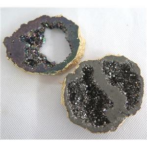 druzy agate pendant with 2-holes, freeform slab, black electroplated, approx 30-60mm [GMPDA2080]