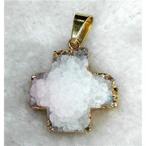 white druzy quartz pendant, cross, gold plated, approx 24-28mm [GMPDA2214]