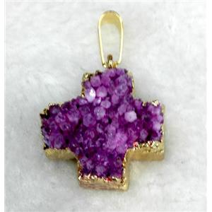 hotpink quartz druzy pendant, cross, gold plated, approx 24-28mm [GMPDA2216]