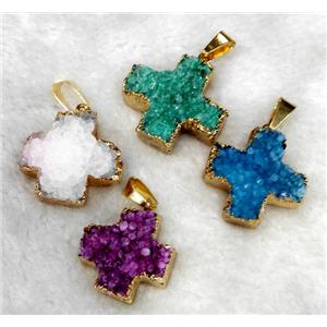 mixed druzy quartz pendant, cross, gold plated, approx 24-28mm [GMPDA2218]