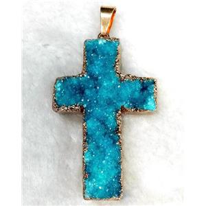 aqua druzy quartz pendant, cross, gold plated, approx 34-50mm [GMPDA2219]