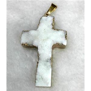 white druzy quartz pendant, cross, gold plated, approx 34-50mm [GMPDA2220]