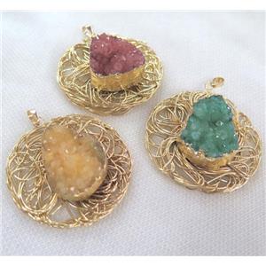 druzy quartz pendant, gold plated, mixed color, approx 60mm dia [GMPDA2223]