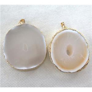 white agate druzy slab pendant, geode, freeform, gold plated, approx 20-50mm [GMPDA2241]