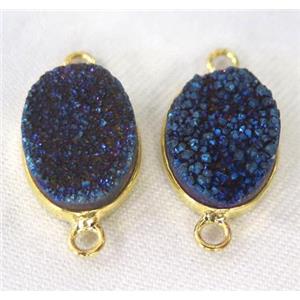 druzy quartz connector, oval, blue electroplated, approx 10x14mm [GMPDA2314-10X14MM]