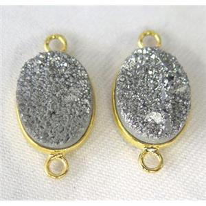 druzy quartz connector, oval, silver electroplated, approx 10x14mm [GMPDA2316-10X14MM]