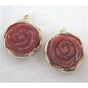 Agate pendant, red, flower, gold plated, approx 45mm dia [GMPDA2470]