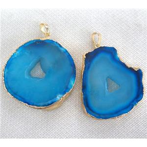 blue Agate slice pendant with Druzy, freeform, gold plated, approx 20-50mm [GMPDA2489]