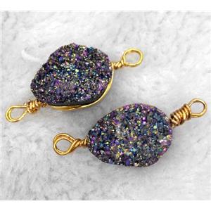 druzy quartz connector, rainbow electroplated, freeform, wire wrapped, approx 18-30mm [GMPDA2567]