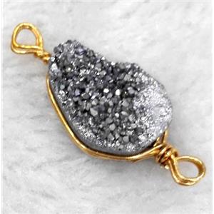 druzy quartz connector, silver electroplated, freeform, wire wrapped, approx 18-30mm [GMPDA2569]