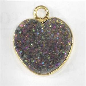 druzy quartz heart pendant, rainbow electroplated, approx 14mm dia [GMPDA2604]