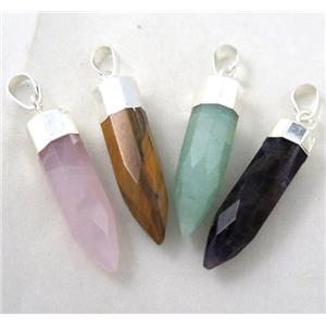 mixed gemstone pendant, bullet, silver plated, approx 10x40mm [GMPDA2640]