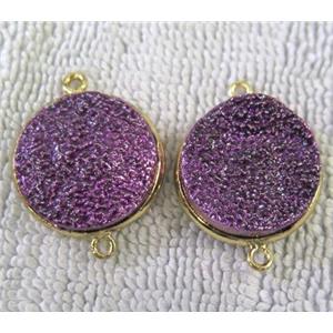 metallic quartz druzy connector, flat-round, purple electroplated, approx 20mm dia [GMPDA2663]