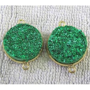 metallic quartz druzy connector, flat-round, green electroplated, approx 20mm dia [GMPDA2664]